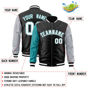 Custom Black Gray-Aqua Varsity Full-Zip Raglan Sleeves Letterman Bomber Jacket