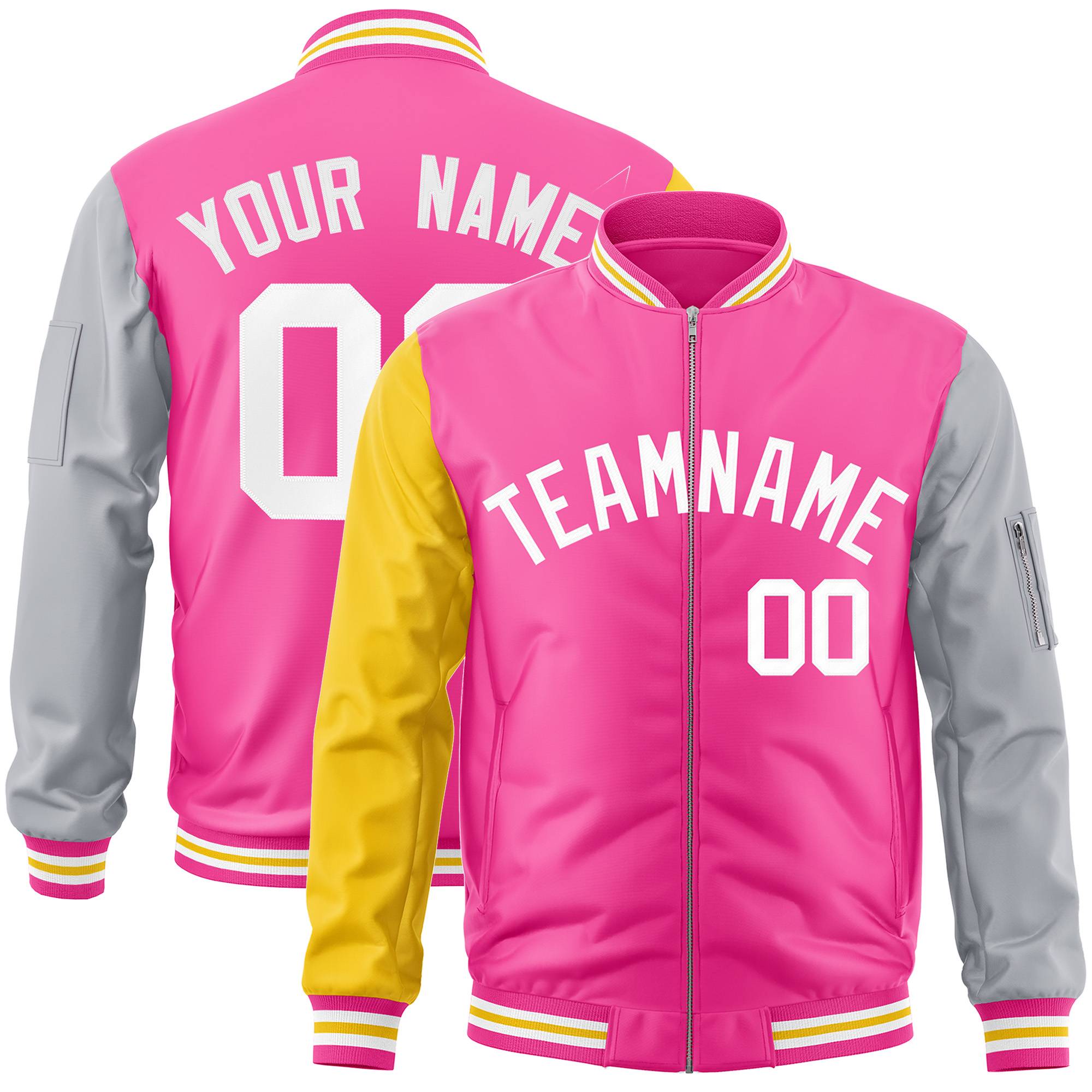 Custom Pink Gray-Gold Varsity Full-Zip Raglan Sleeves Letterman Bomber Jacket