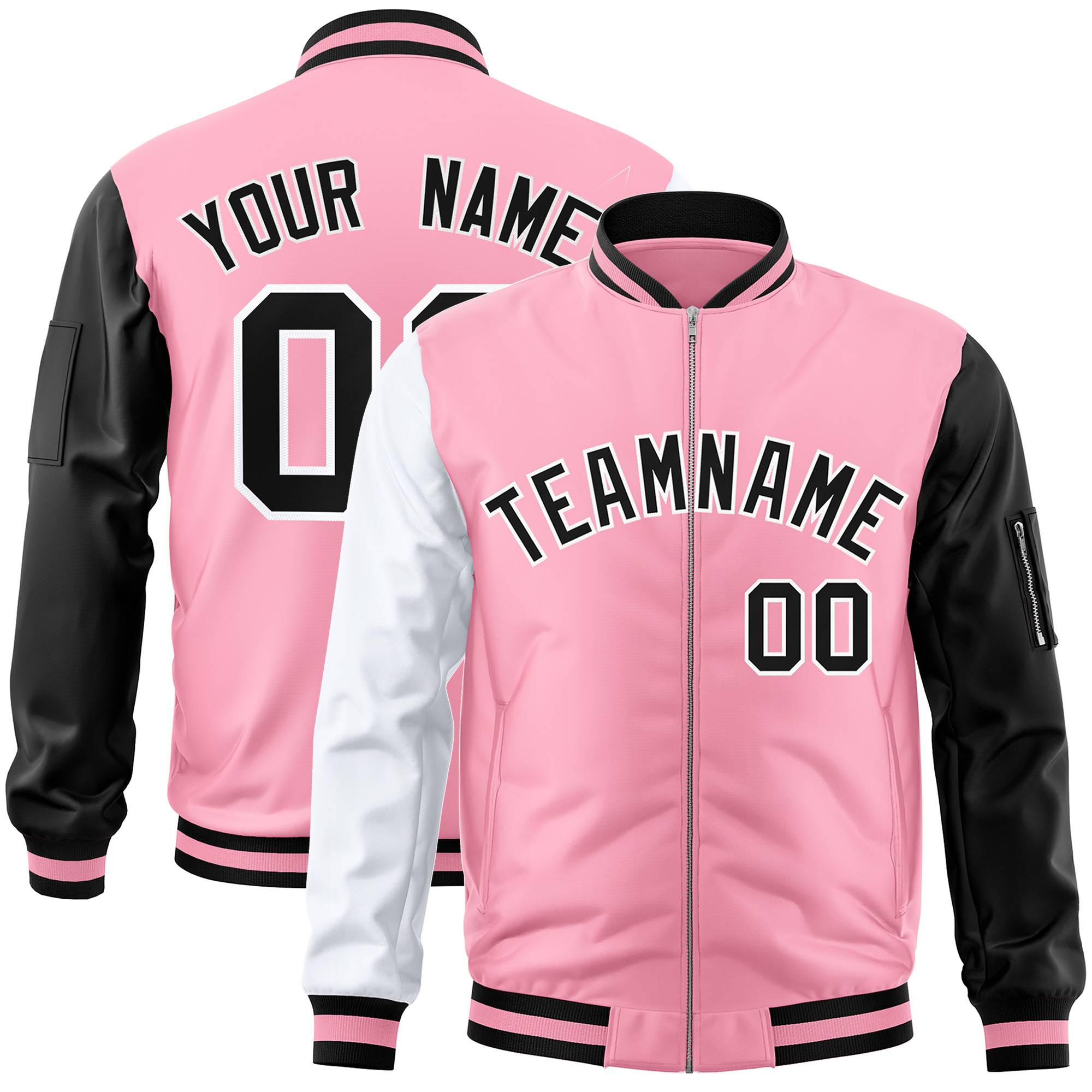 Custom Light Pink Black-White Varsity Full-Zip Raglan Sleeves Letterman Bomber Jacket