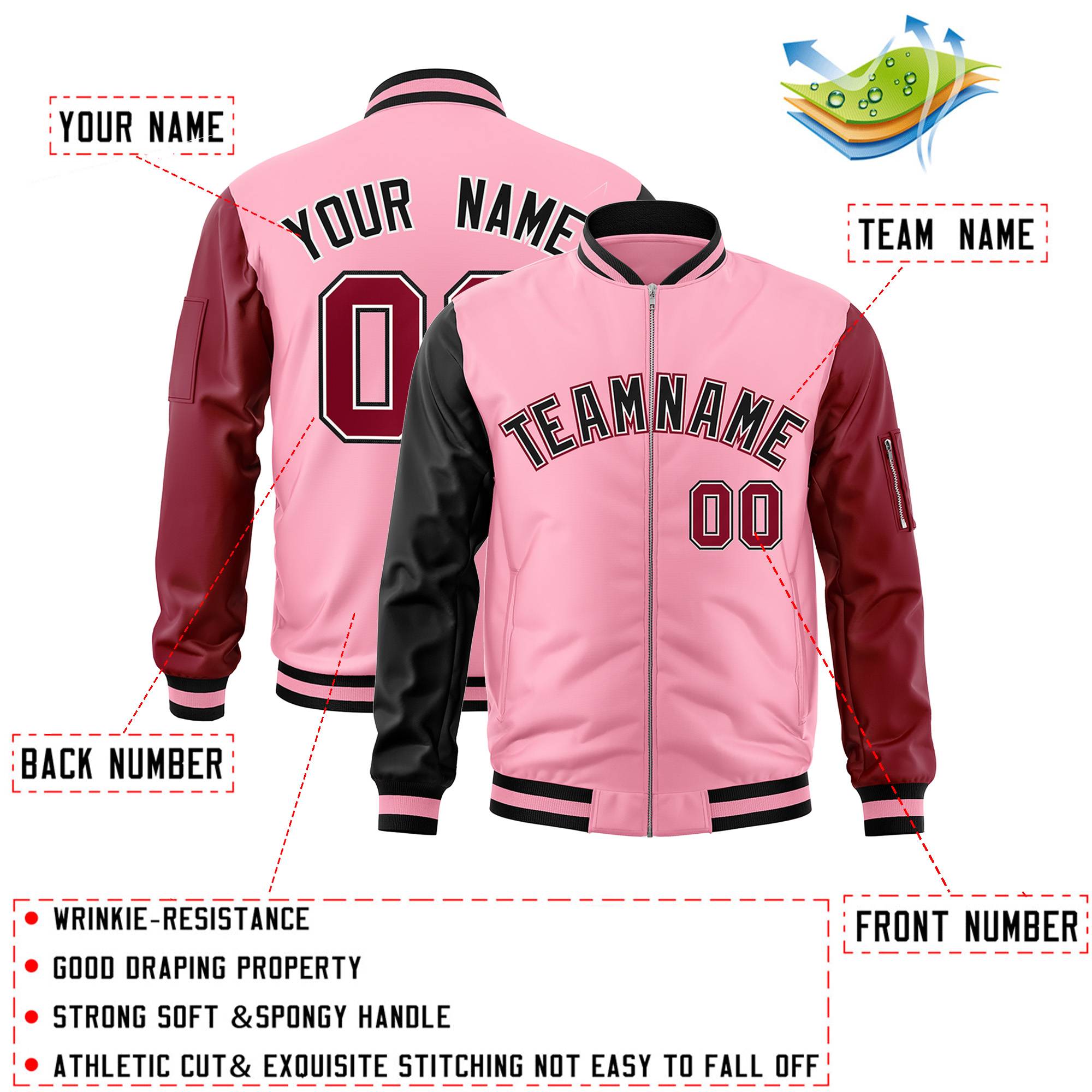 Custom Light Pink Crimson-Black Varsity Full-Zip Raglan Sleeves Letterman Bomber Jacket