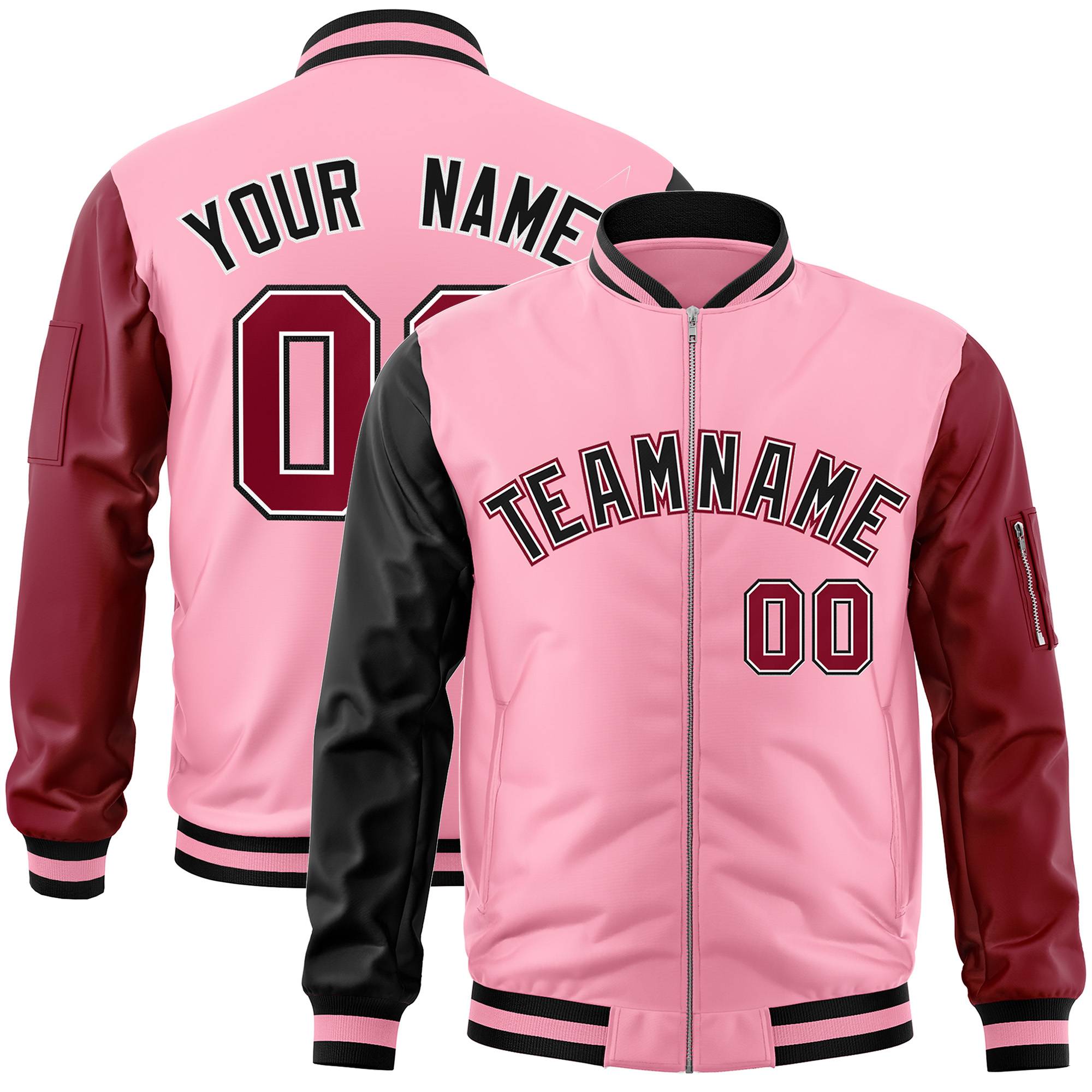 Custom Light Pink Crimson-Black Varsity Full-Zip Raglan Sleeves Letterman Bomber Jacket