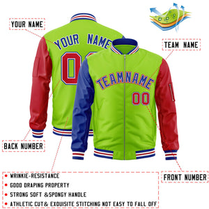 Custom Neon Green Red-Royal Varsity Full-Zip Raglan Sleeves Letterman Bomber Jacket