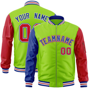 Custom Neon Green Red-Royal Varsity Full-Zip Raglan Sleeves Letterman Bomber Jacket