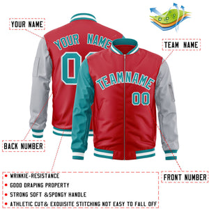 Custom Red Gray-Aqua Varsity Full-Zip Raglan Sleeves Letterman Bomber Jacket