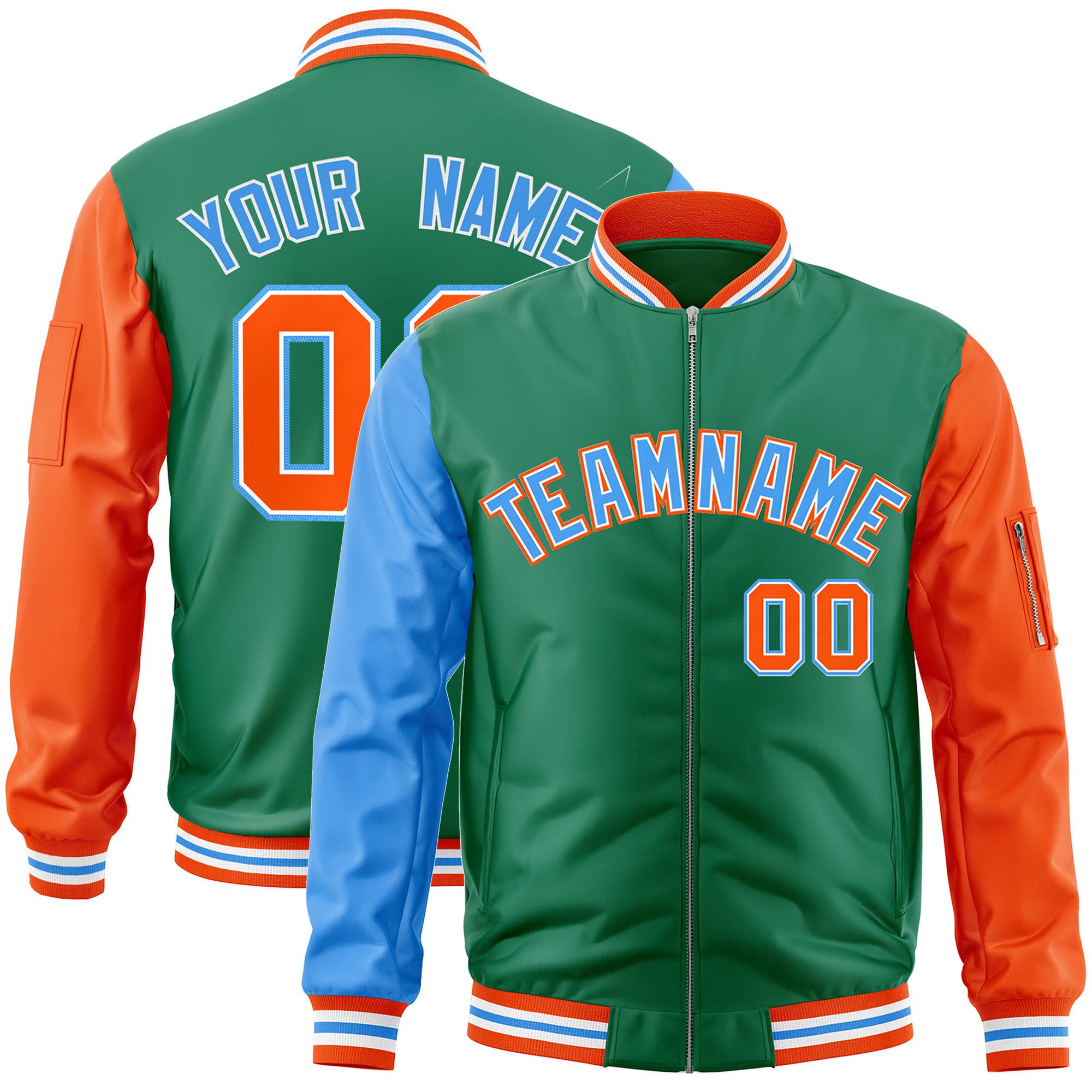 Custom Kelly Green Orange-Powder Blue Varsity Full-Zip Raglan Sleeves Letterman Bomber Jacket