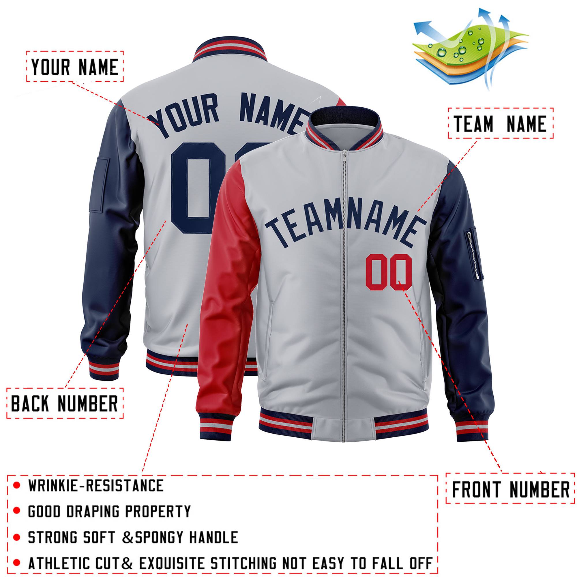 Custom Gray Navy-Red Varsity Full-Zip Raglan Sleeves Letterman Bomber Jacket