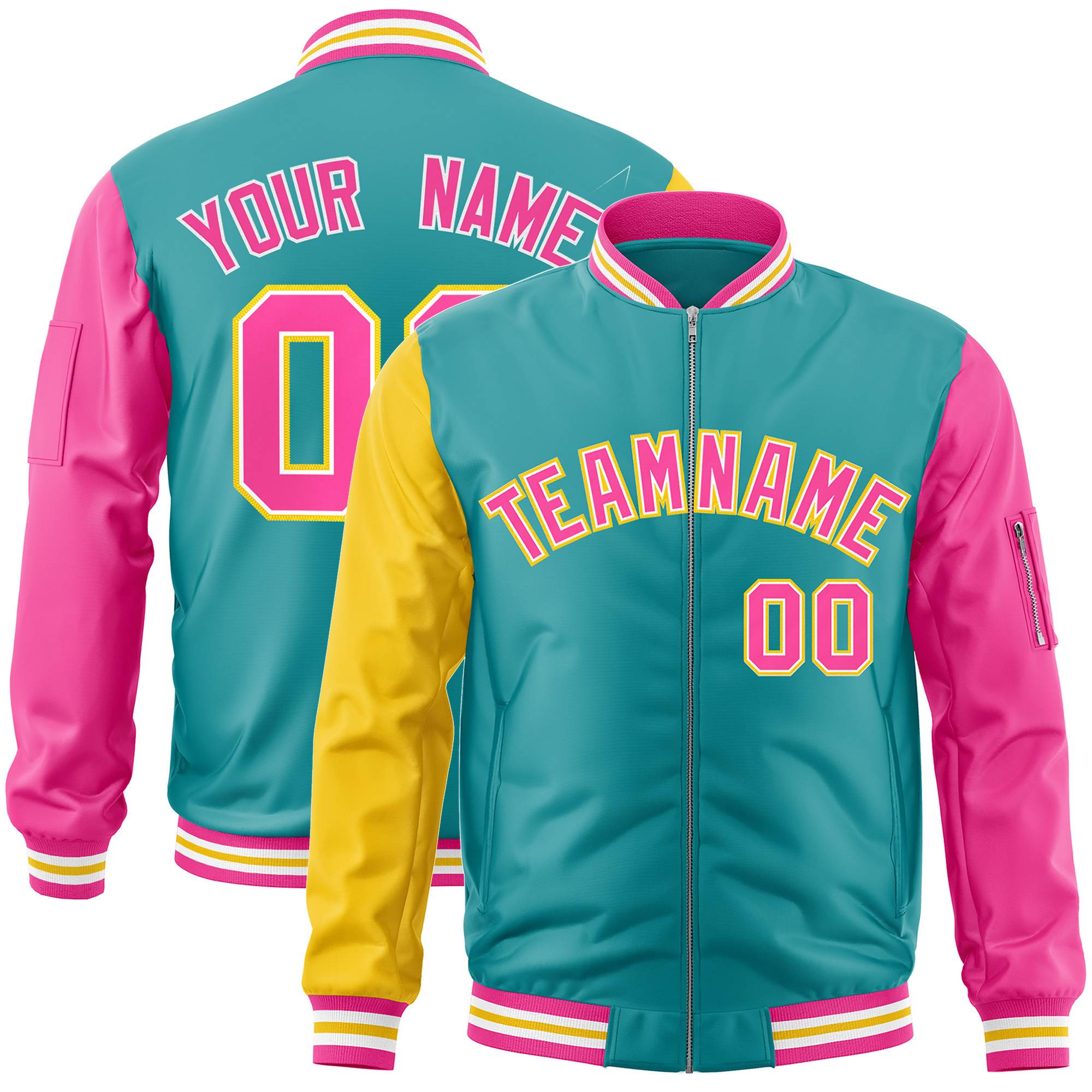 Custom Aqua Pink-Gold Varsity Full-Zip Raglan Sleeves Letterman Bomber Jacket