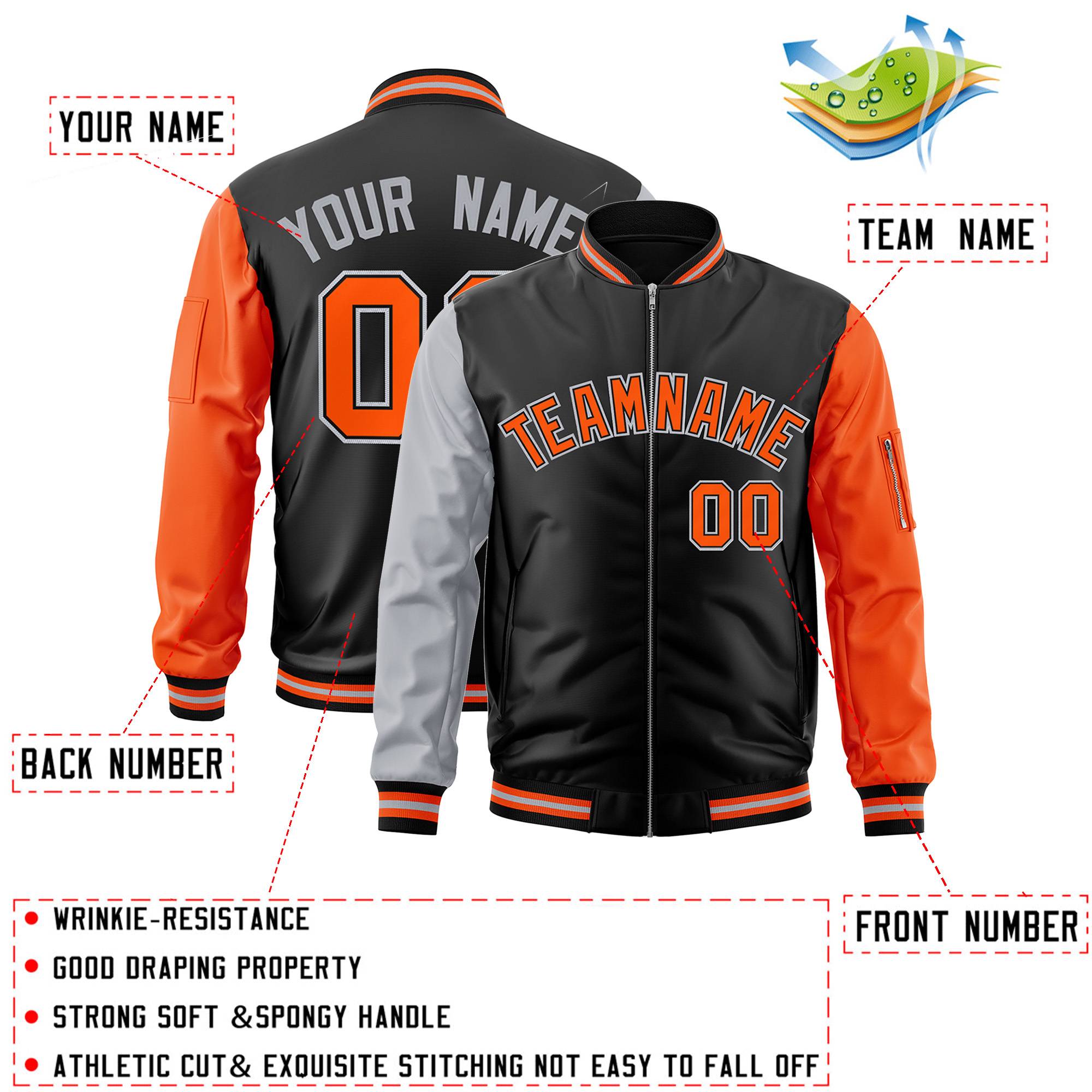 Custom Black Orange-Gray Varsity Full-Zip Raglan Sleeves Letterman Bomber Jacket