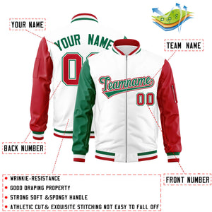 Custom White Red-Kelly Green Varsity Full-Zip Raglan Sleeves Letterman Bomber Jacket