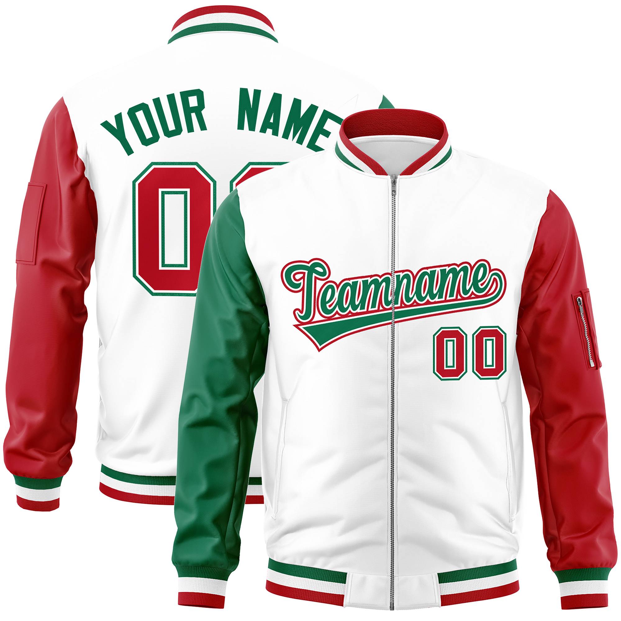 Custom White Red-Kelly Green Varsity Full-Zip Raglan Sleeves Letterman Bomber Jacket