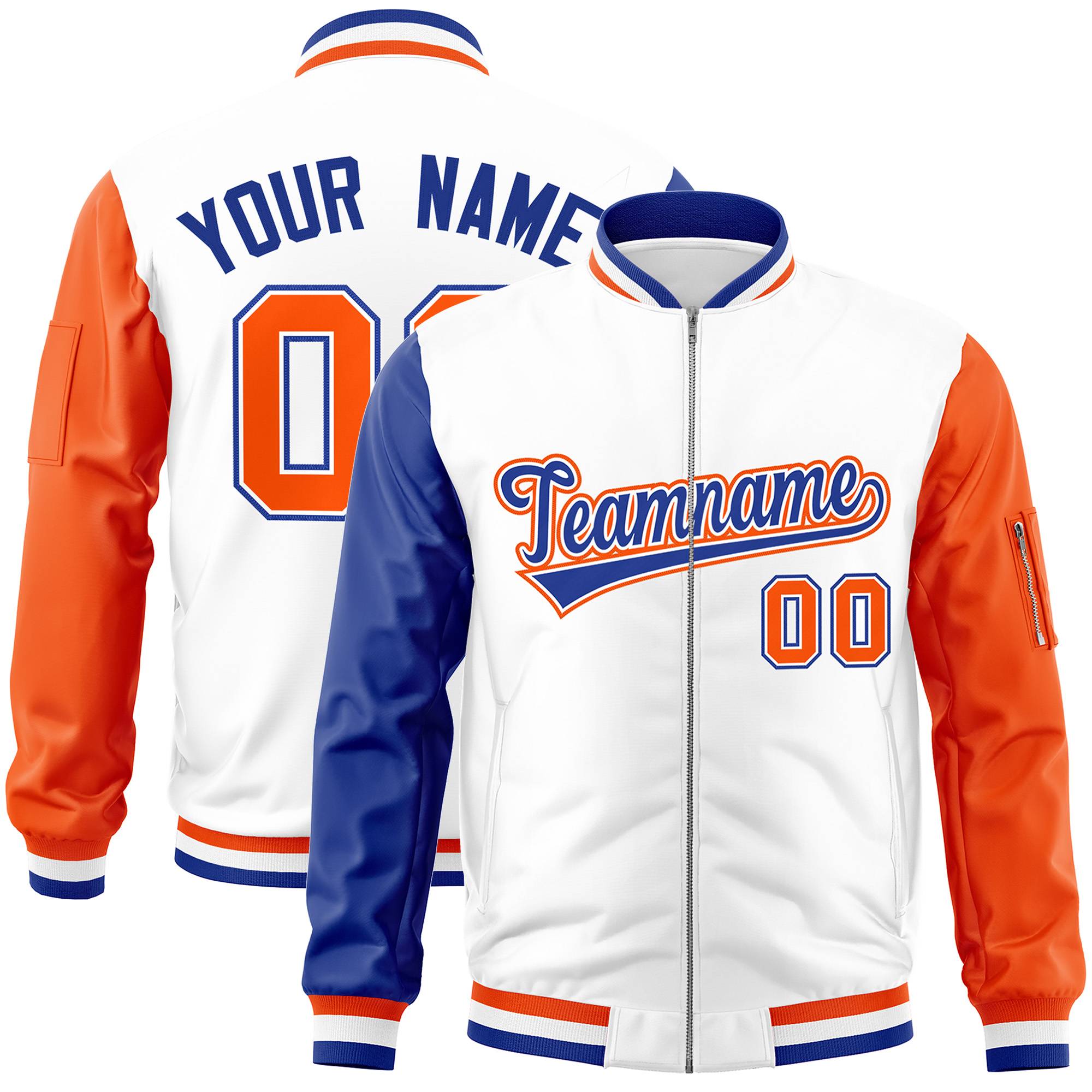 Custom White Orange-Royal Varsity Full-Zip Raglan Sleeves Letterman Bomber Jacket