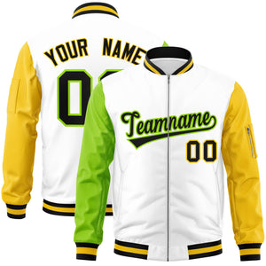 Custom White Gold-Neon Green Varsity Full-Zip Raglan Sleeves Letterman Bomber Jacket