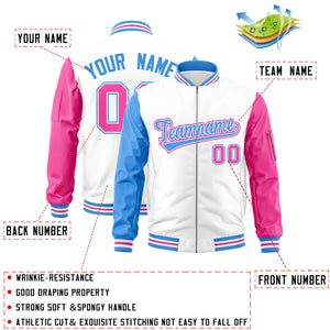 Custom White Pink-Powder Blue Varsity Full-Zip Raglan Sleeves Letterman Bomber Jacket