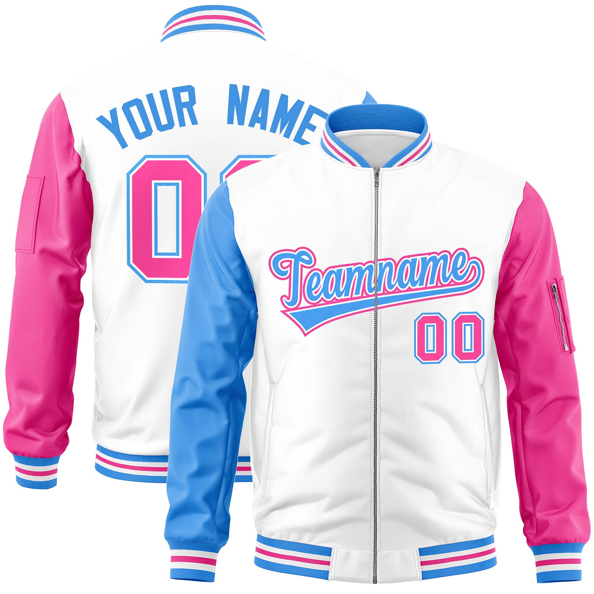 Custom White Pink-Powder Blue Varsity Full-Zip Raglan Sleeves Letterman Bomber Jacket