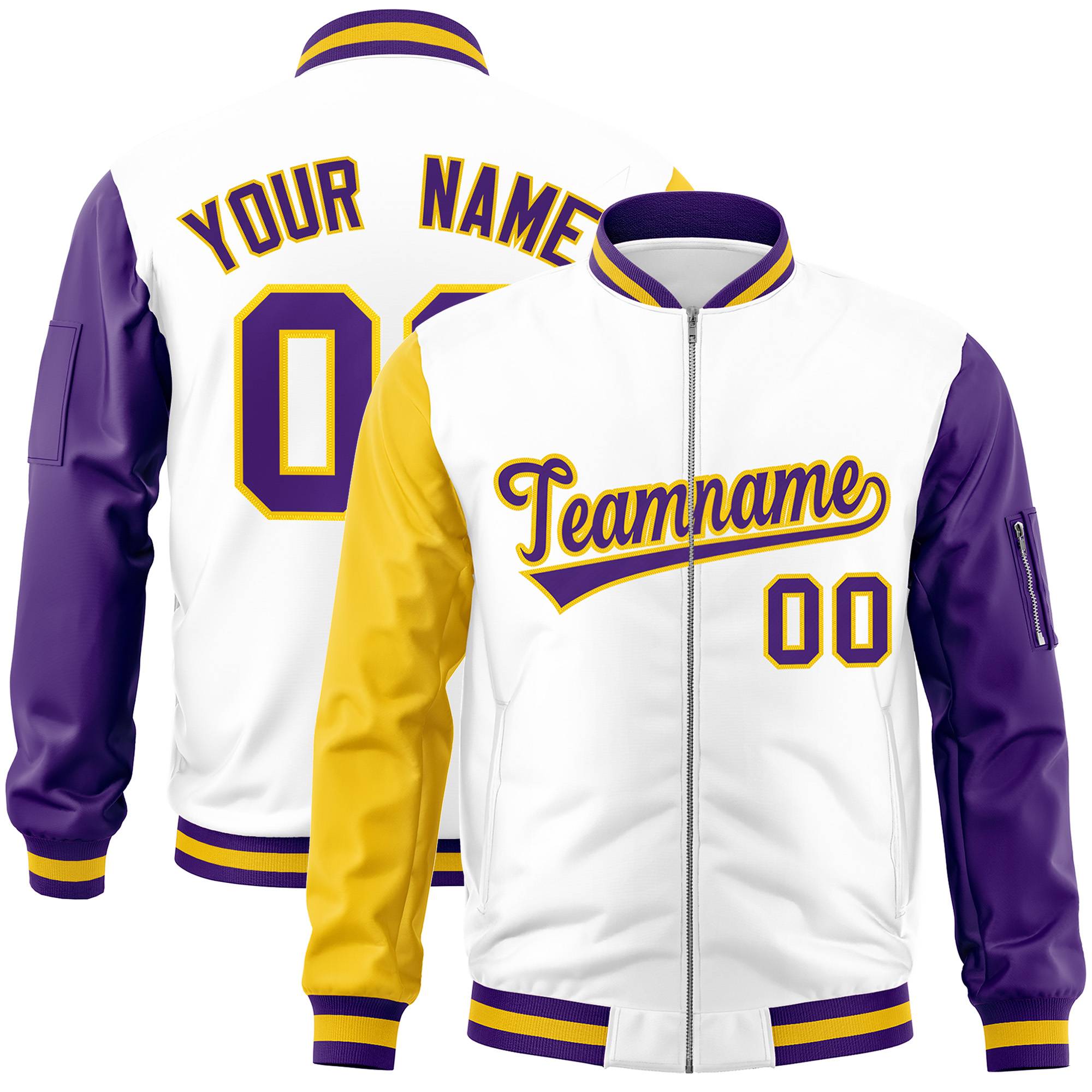 Custom White Purple-Gold Varsity Full-Zip Raglan Sleeves Letterman Bomber Jacket