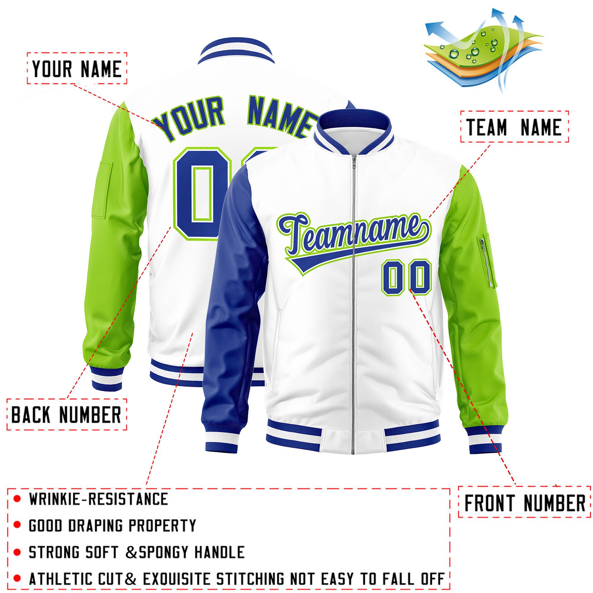 Custom White Neon Green-Royal Varsity Full-Zip Raglan Sleeves Letterman Bomber Jacket