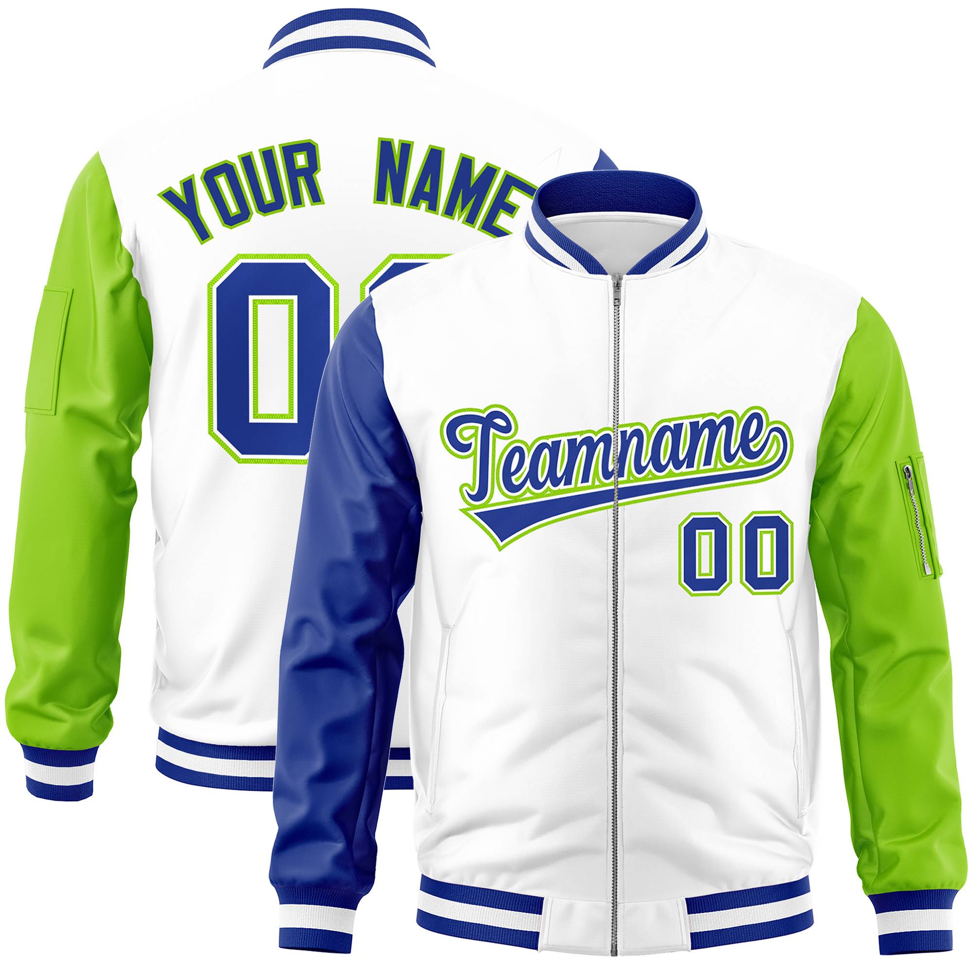 Custom White Neon Green-Royal Varsity Full-Zip Raglan Sleeves Letterman Bomber Jacket