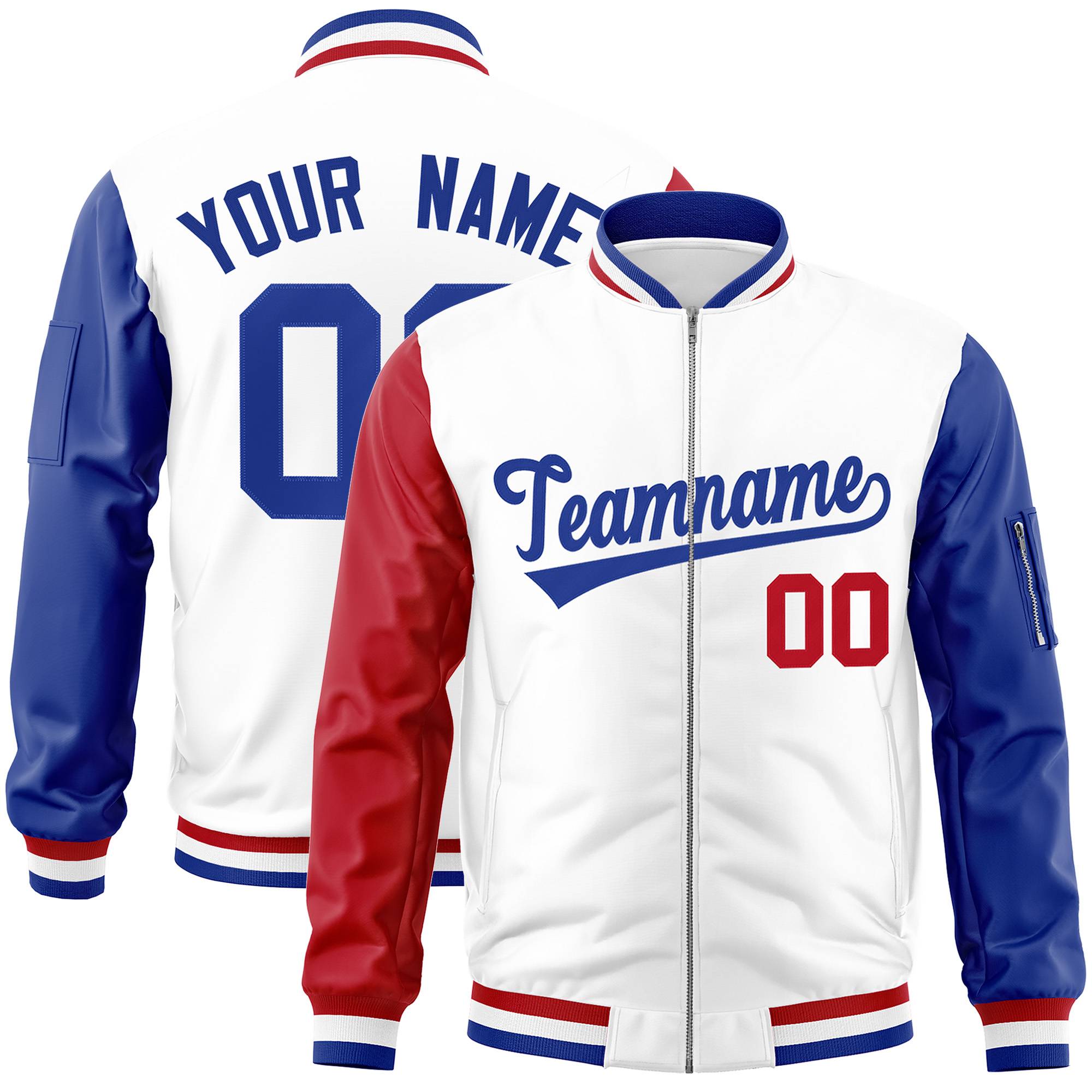 Custom White Royal-Red Varsity Full-Zip Raglan Sleeves Letterman Bomber Jacket