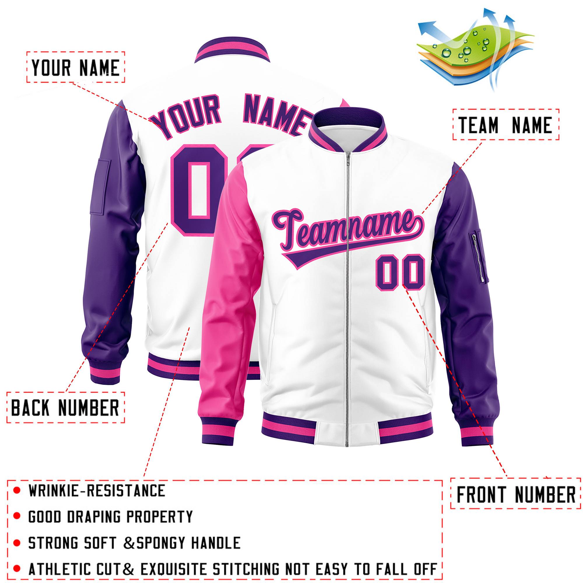 Custom White Purple-Pink Varsity Full-Zip Raglan Sleeves Letterman Bomber Jacket