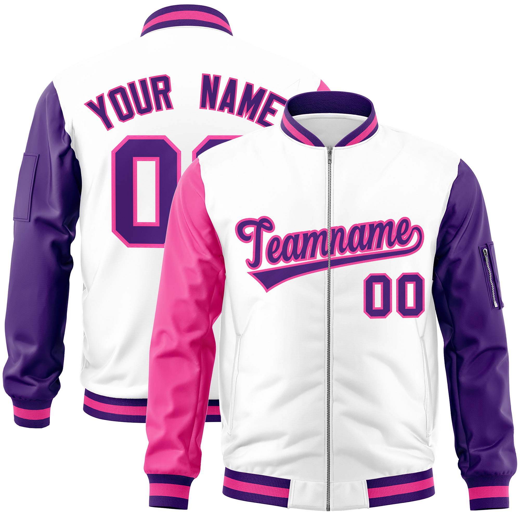 Custom White Purple-Pink Varsity Full-Zip Raglan Sleeves Letterman Bomber Jacket