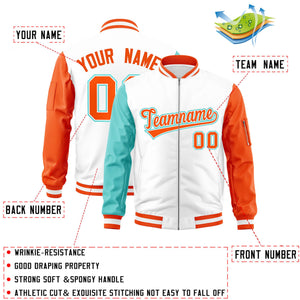 Custom White Orange-Bright Green Varsity Full-Zip Raglan Sleeves Letterman Bomber Jacket