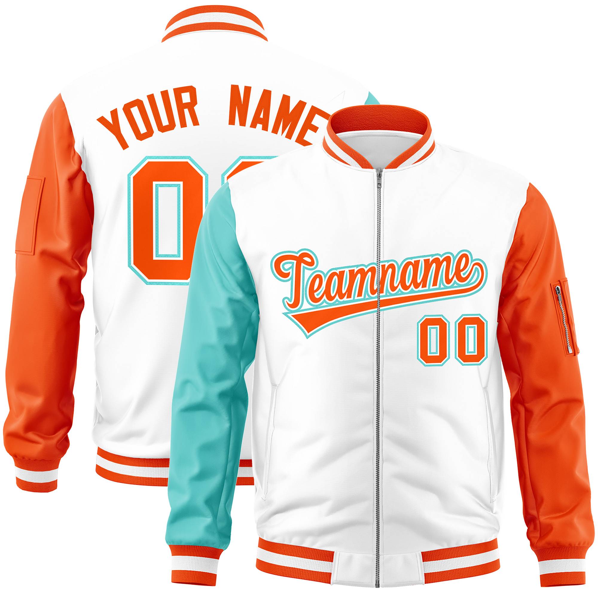 Custom White Orange-Bright Green Varsity Full-Zip Raglan Sleeves Letterman Bomber Jacket