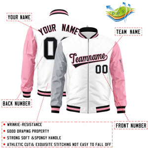 Custom White Light Pink-Gray Varsity Full-Zip Raglan Sleeves Letterman Bomber Jacket