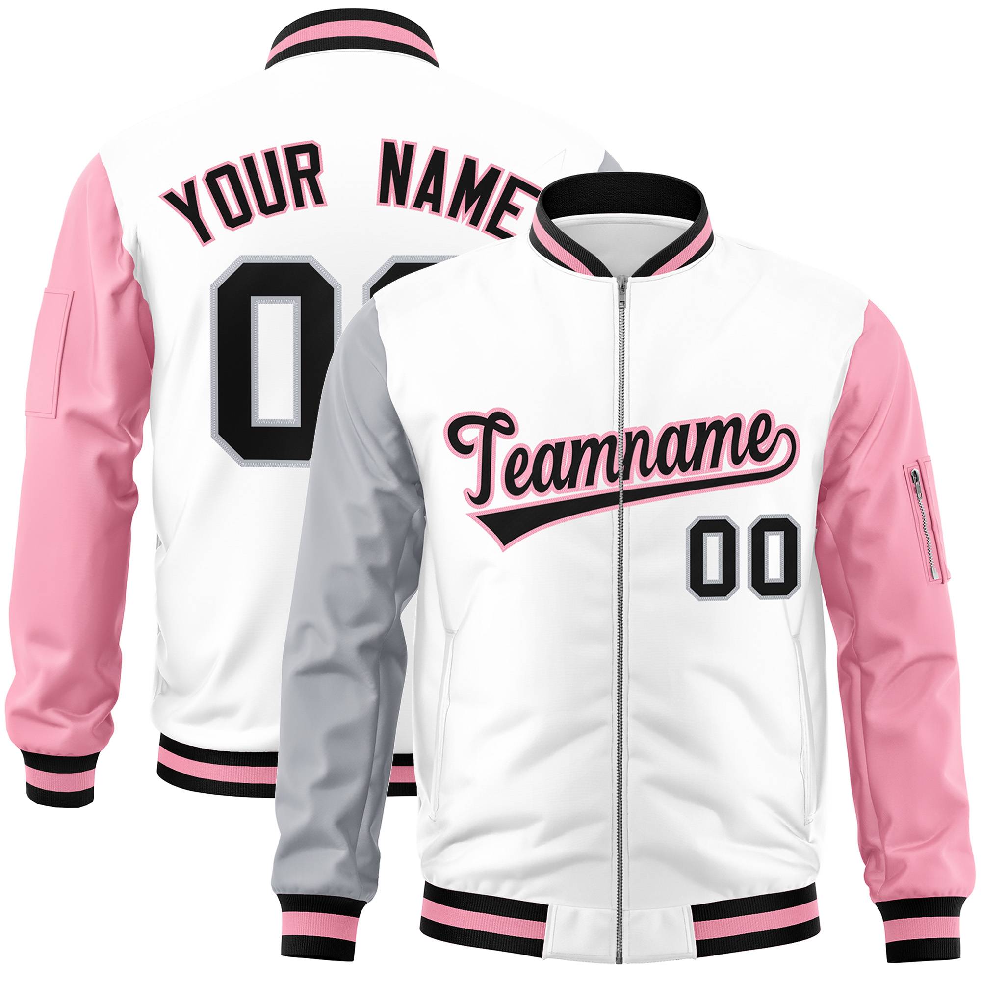 Custom White Light Pink-Gray Varsity Full-Zip Raglan Sleeves Letterman Bomber Jacket