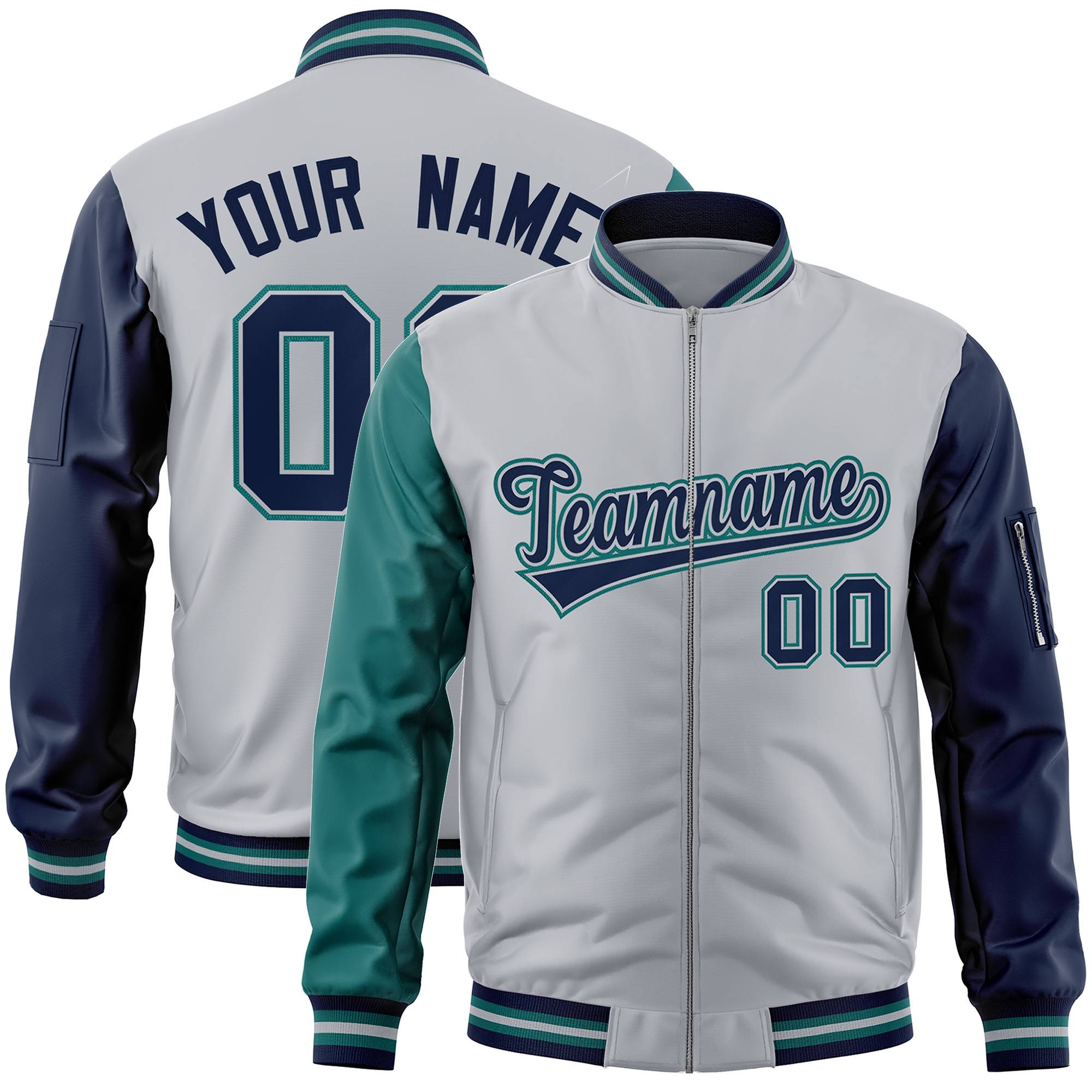 Custom Gray Navy-Aqua Varsity Full-Zip Raglan Sleeves Letterman Bomber Jacket