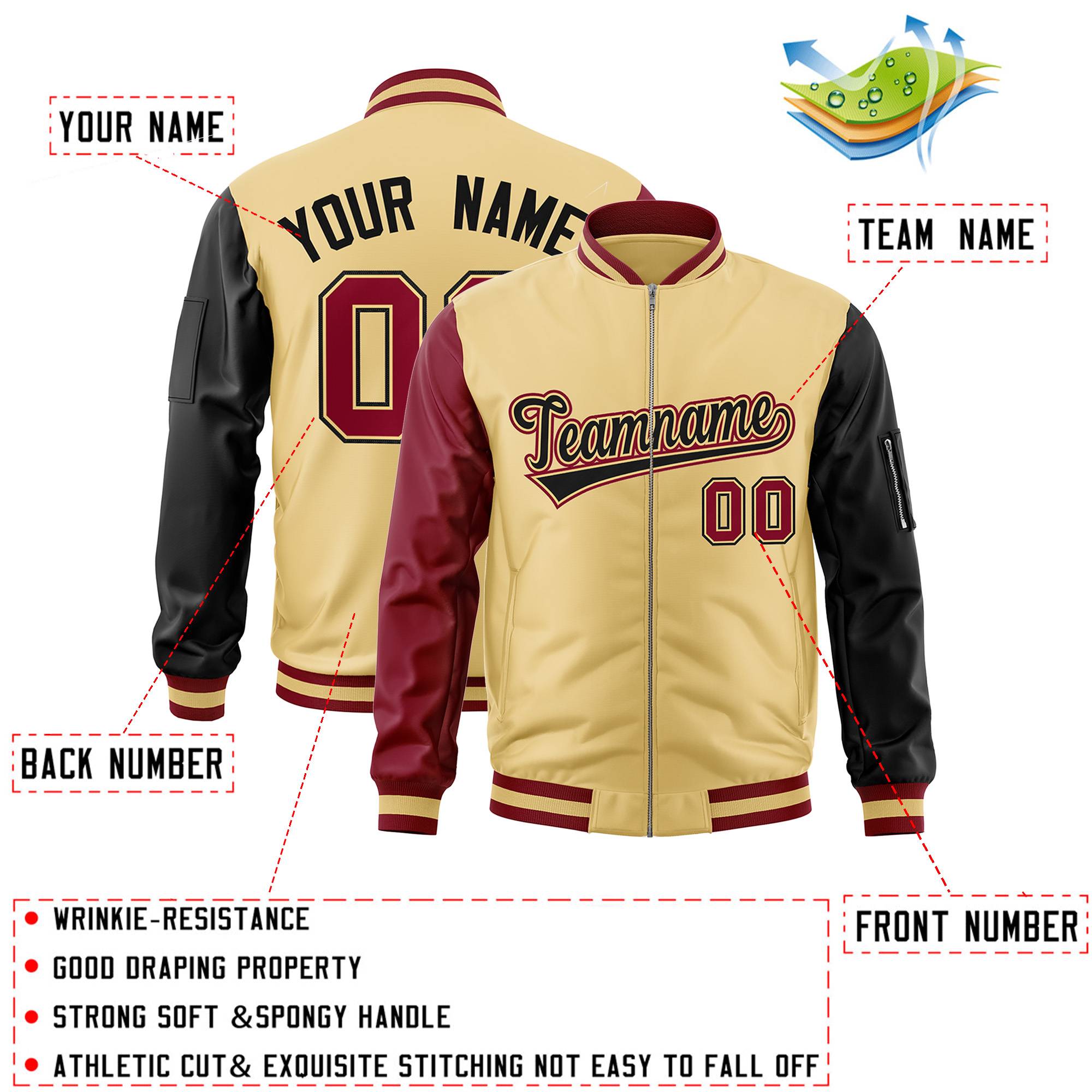 Custom Khaki Black-Crimson Varsity Full-Zip Raglan Sleeves Letterman Bomber Jacket