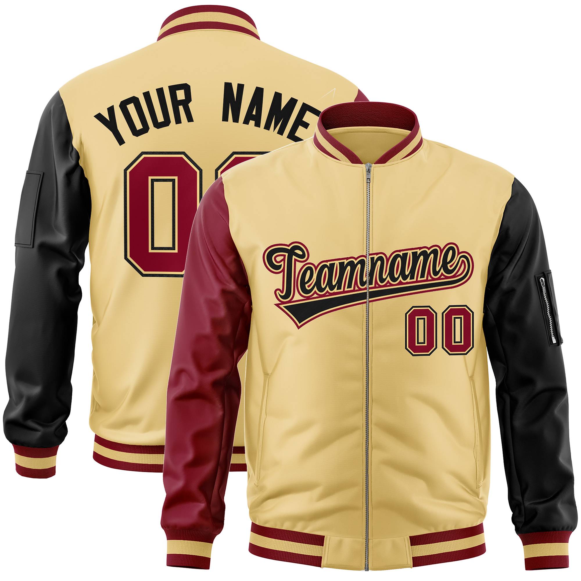 Custom Khaki Black-Crimson Varsity Full-Zip Raglan Sleeves Letterman Bomber Jacket