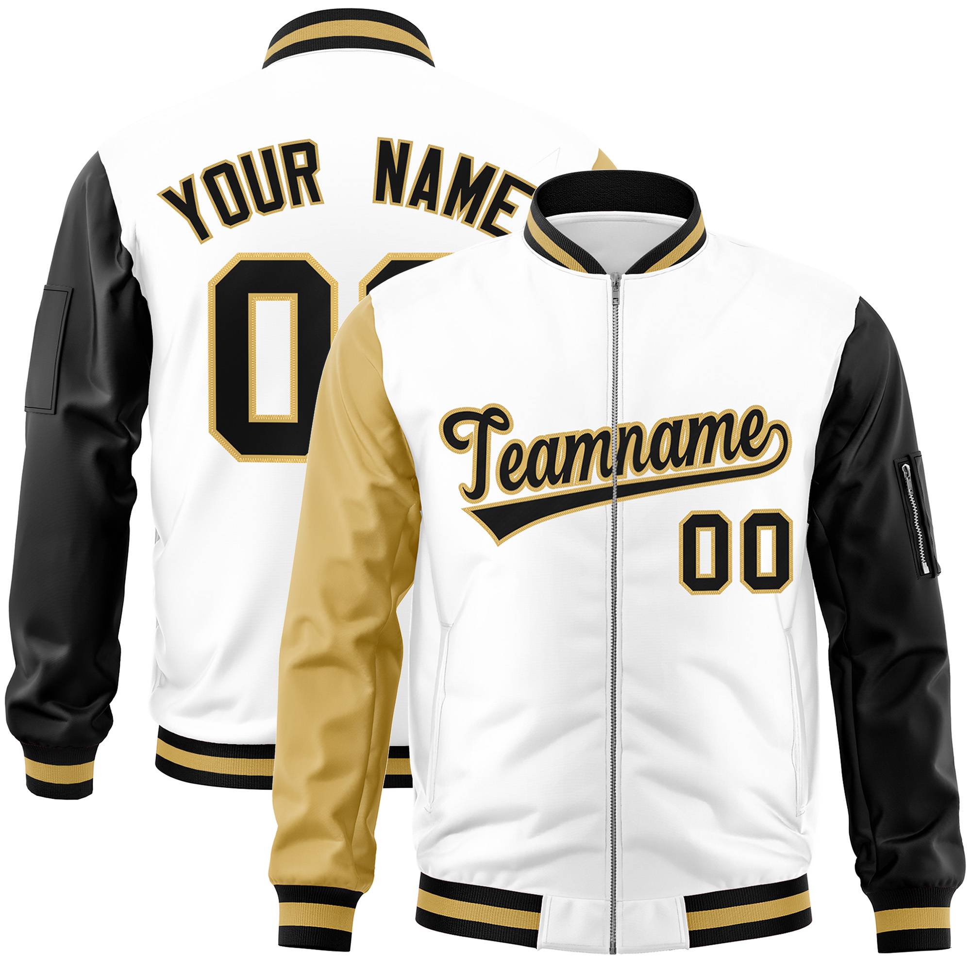 Custom White Black-Old Gold Varsity Full-Zip Raglan Sleeves Letterman Bomber Jacket