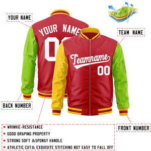 Custom Red Neon Green-Gold Varsity Full-Zip Raglan Sleeves Letterman Bomber Jacket