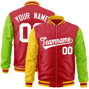 Custom Red Neon Green-Gold Varsity Full-Zip Raglan Sleeves Letterman Bomber Jacket