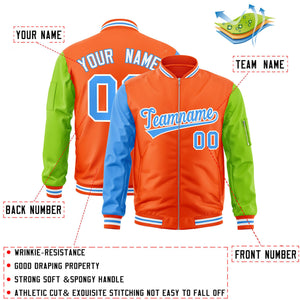 Custom Orange Neon Green-Powder Blue Varsity Full-Zip Raglan Sleeves Letterman Bomber Jacket