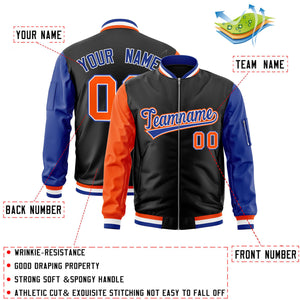 Custom Black Royal-Orange Varsity Full-Zip Raglan Sleeves Letterman Bomber Jacket