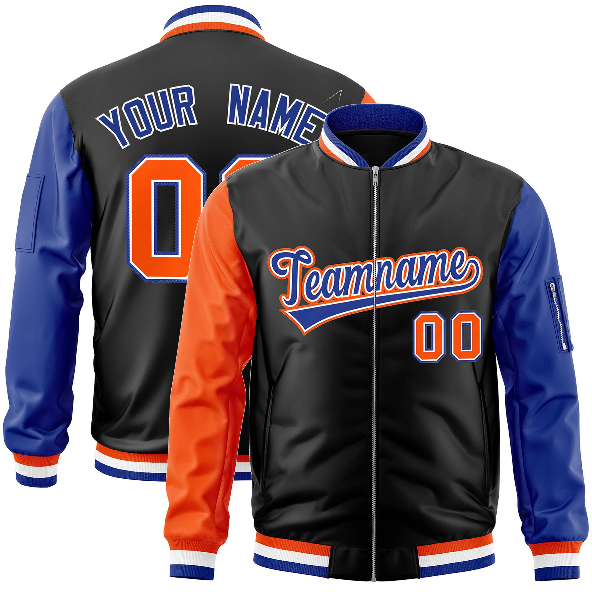 Custom Black Royal-Orange Varsity Full-Zip Raglan Sleeves Letterman Bomber Jacket