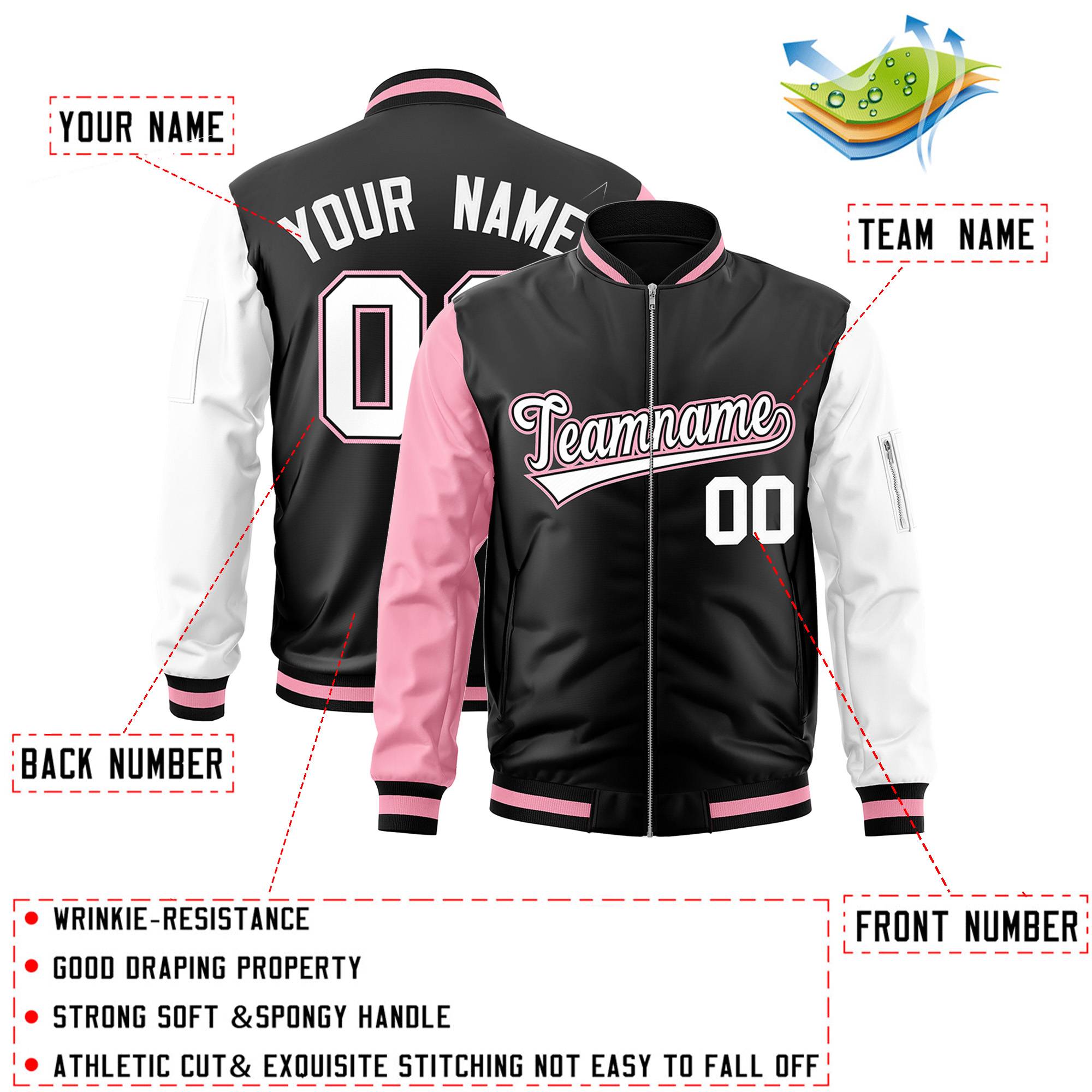 Custom Black White-Light Pink Varsity Full-Zip Raglan Sleeves Letterman Bomber Jacket