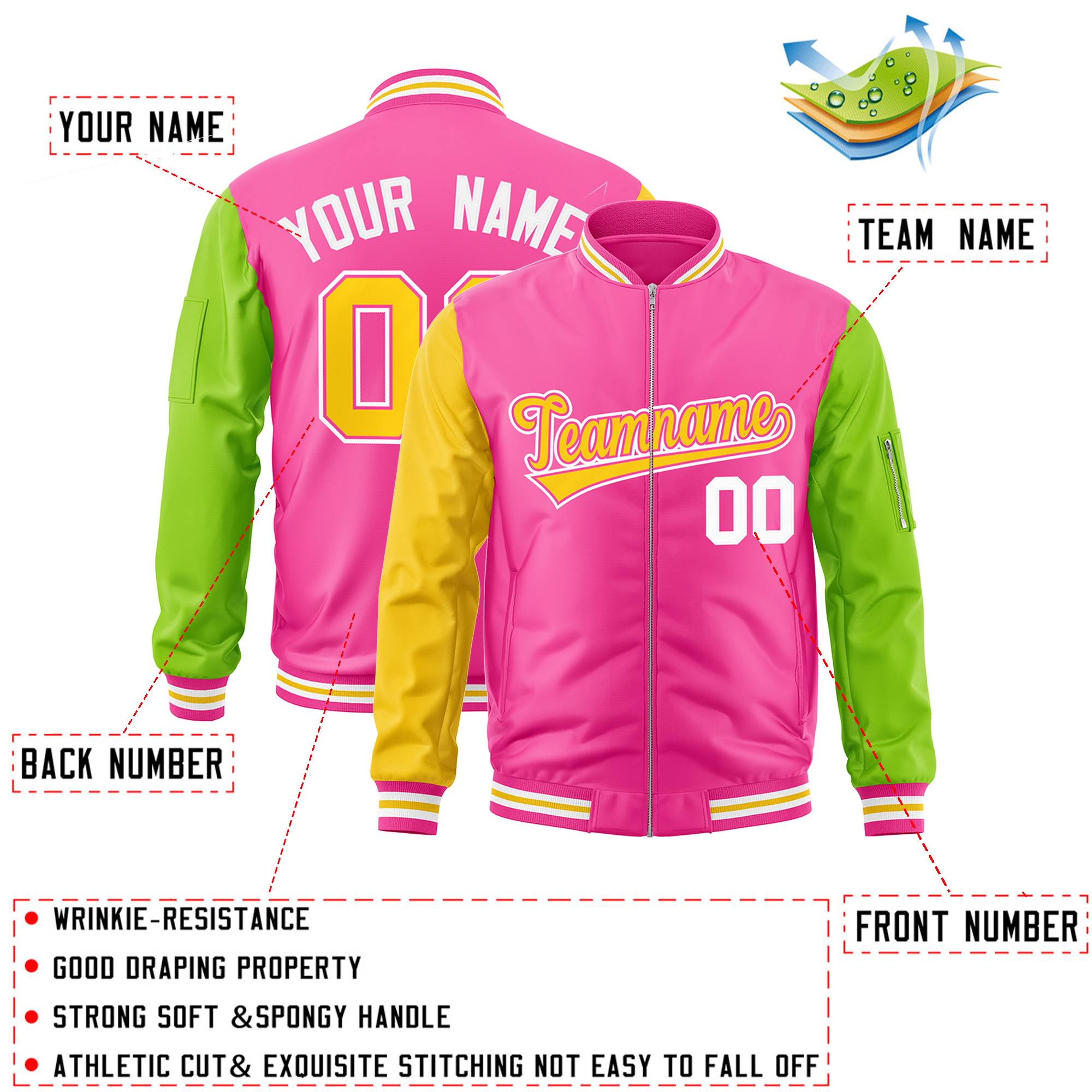 Custom Pink Neon Green-Gold Varsity Full-Zip Raglan Sleeves Letterman Bomber Jacket