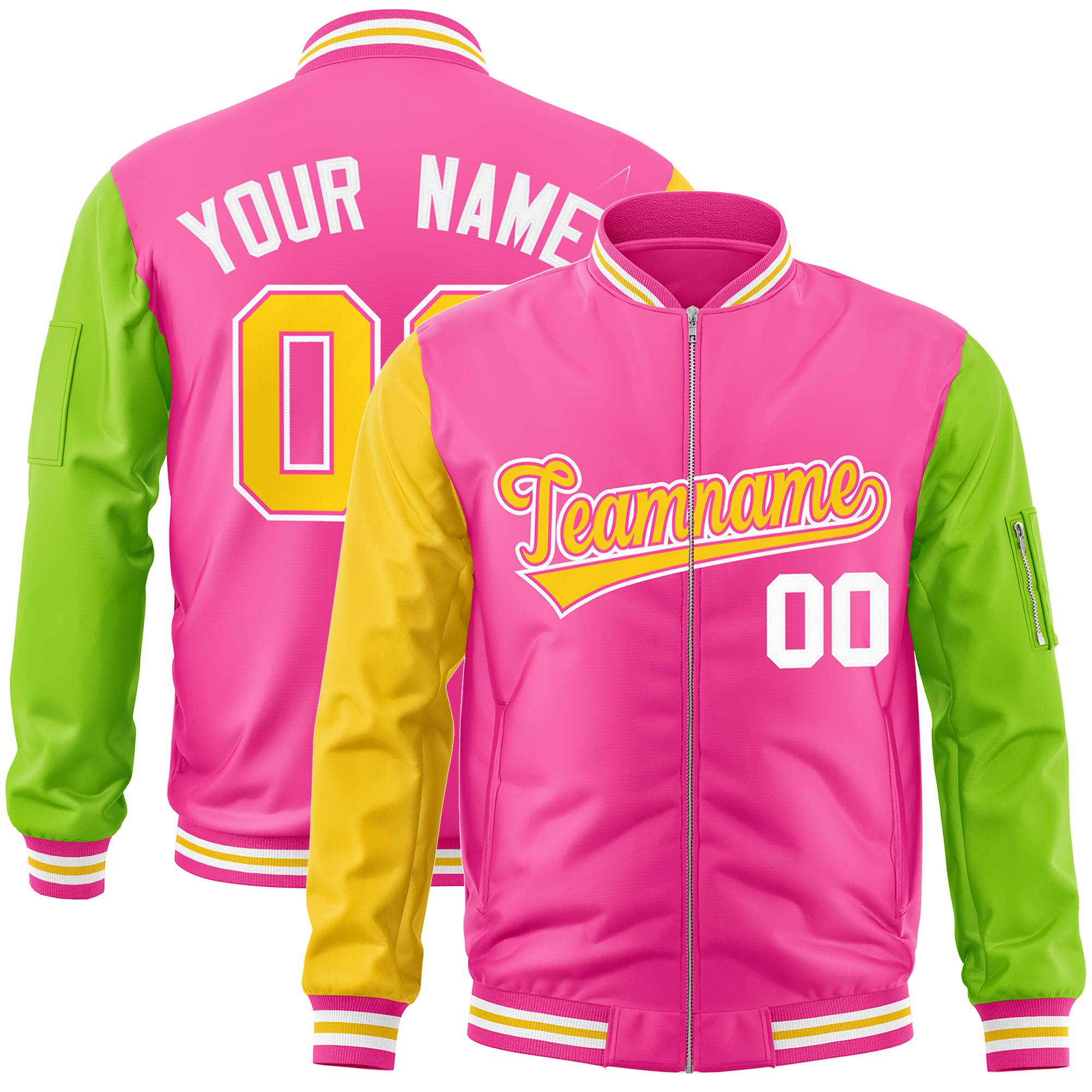 Custom Pink Neon Green-Gold Varsity Full-Zip Raglan Sleeves Letterman Bomber Jacket