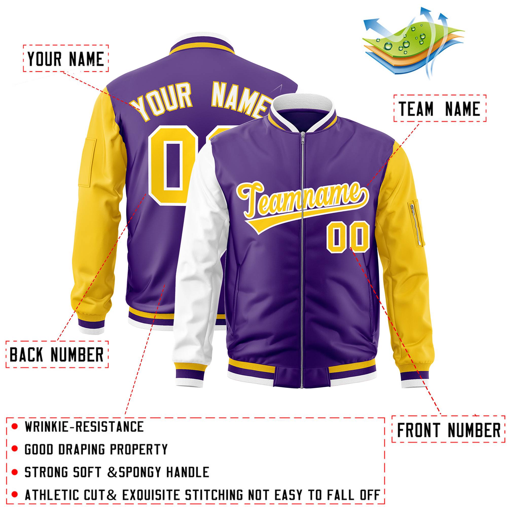 Custom Purple Gold-White Varsity Full-Zip Raglan Sleeves Letterman Bomber Jacket