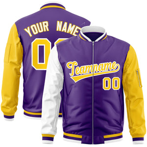 Custom Purple Gold-White Varsity Full-Zip Raglan Sleeves Letterman Bomber Jacket