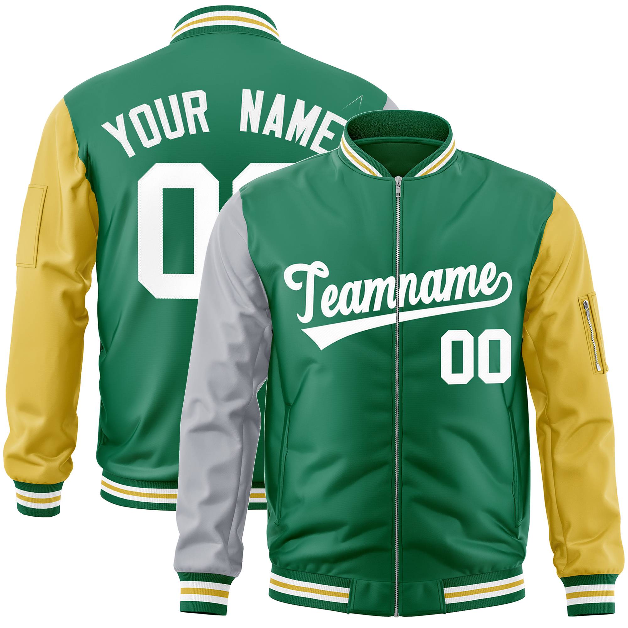 Custom Kelly Green Old Gold-Gray Varsity Full-Zip Raglan Sleeves Letterman Bomber Jacket