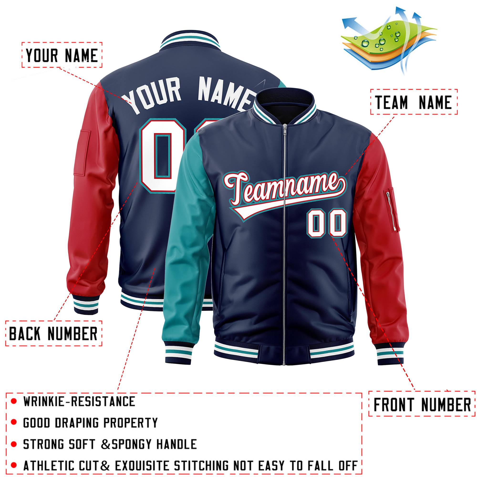 Custom Navy Red-Aqua Varsity Full-Zip Raglan Sleeves Letterman Bomber Jacket