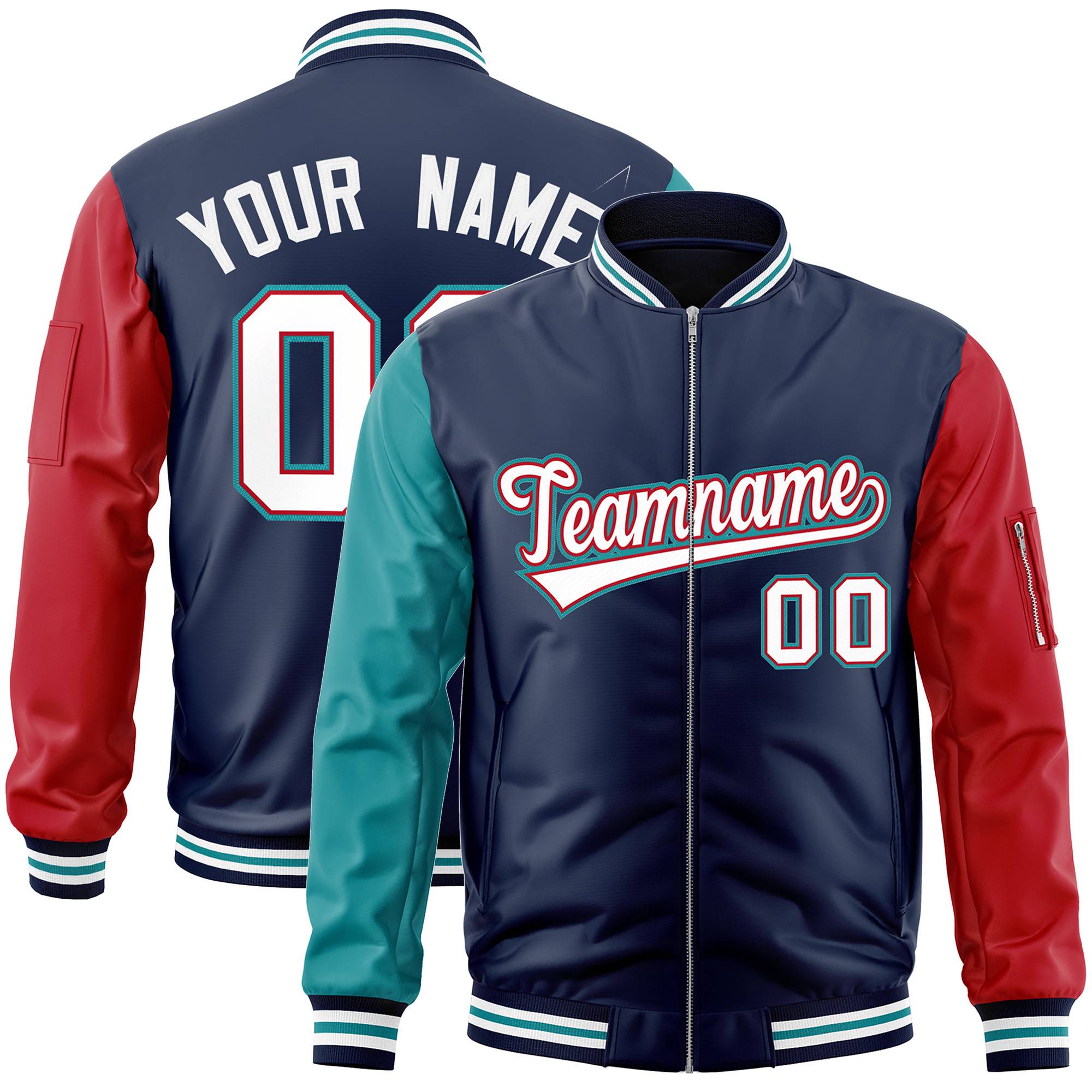 Custom Navy Red-Aqua Varsity Full-Zip Raglan Sleeves Letterman Bomber Jacket