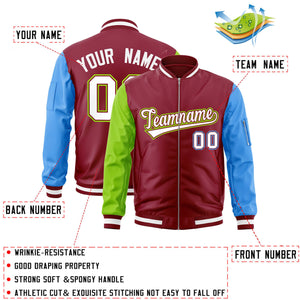 Custom Crimson Powder Blue-Neon Green Varsity Full-Zip Raglan Sleeves Letterman Bomber Jacket