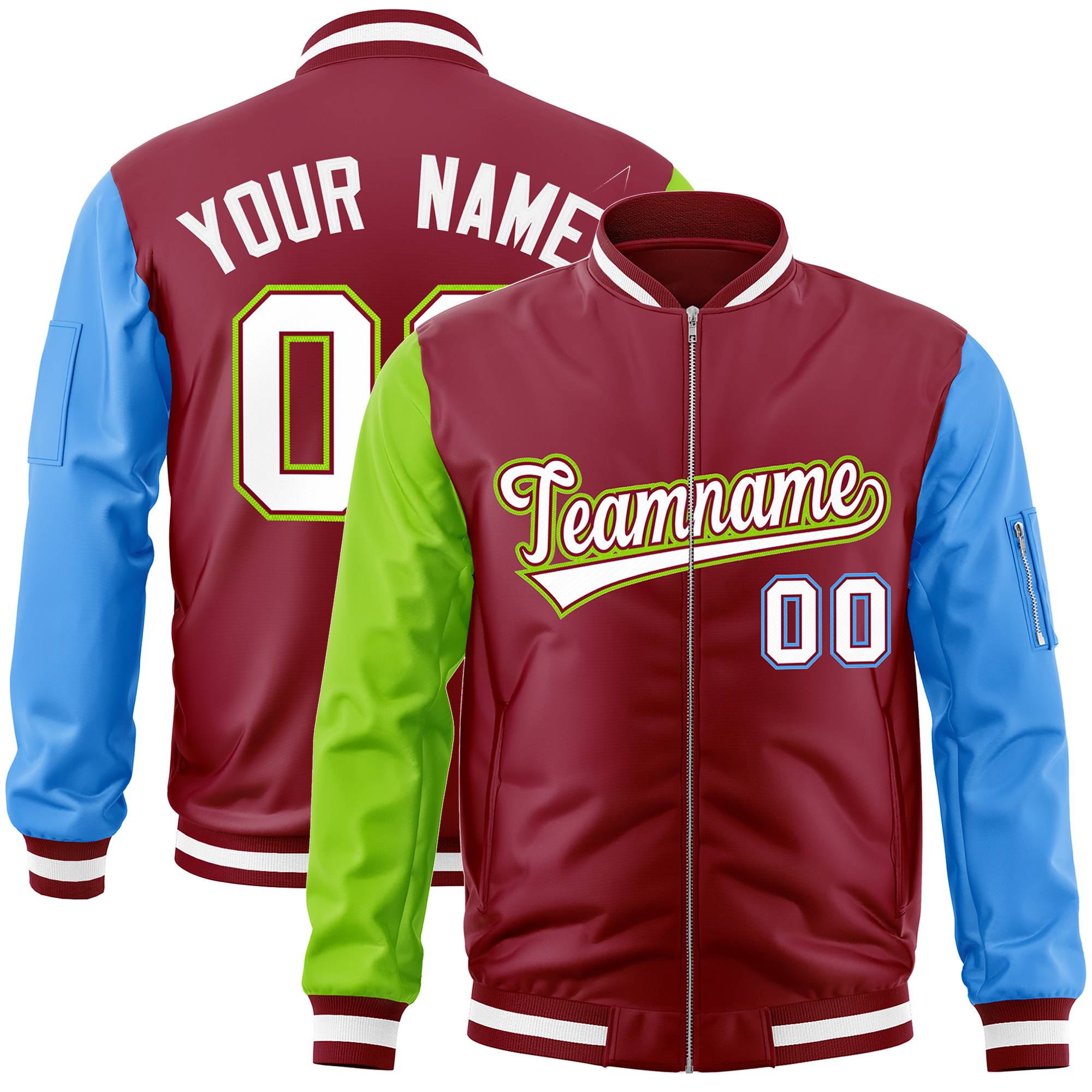 Custom Crimson Powder Blue-Neon Green Varsity Full-Zip Raglan Sleeves Letterman Bomber Jacket