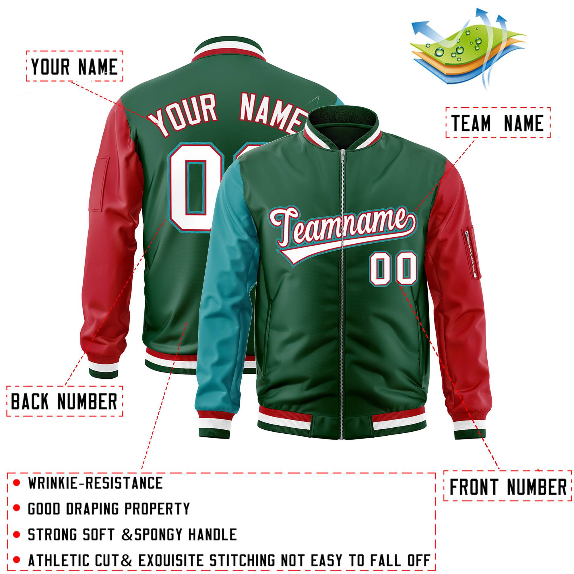 Custom Green Red-Aqua Varsity Full-Zip Raglan Sleeves Letterman Bomber Jacket