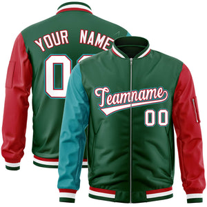 Custom Green Red-Aqua Varsity Full-Zip Raglan Sleeves Letterman Bomber Jacket