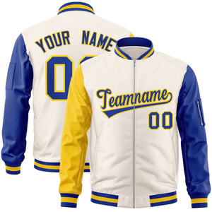 Custom Cream Royal-Gold Varsity Full-Zip Raglan Sleeves Letterman Bomber Jacket